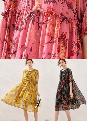 Vestido de verano de gasa con estampado bohemio rosa y media manga 