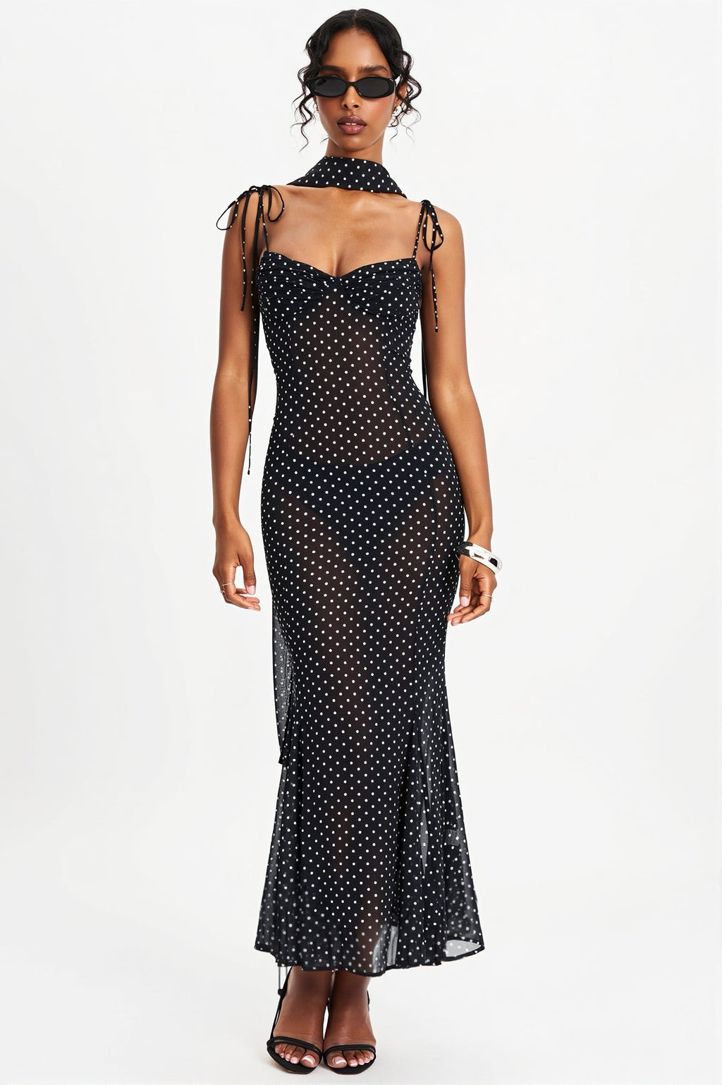 Polka Dot  Ribbon Sheer Bodycon Maxi Dress