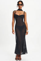 Polka Dot  Ribbon Sheer Bodycon Maxi Dress