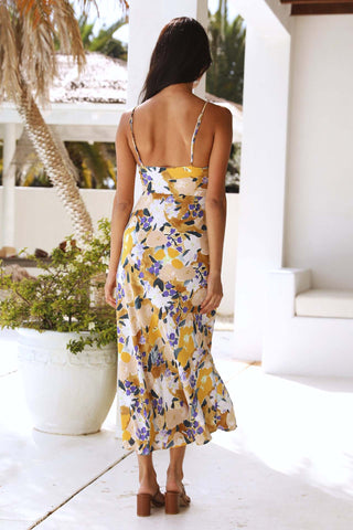 Vestido midi de tirantes finos con abertura floral y espalda descubierta 