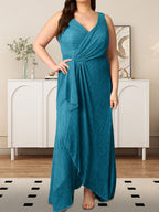 A-Linien-Kleid mit V-Ausschnitt, Raffungen und metallisch schimmerndem Netzstoff