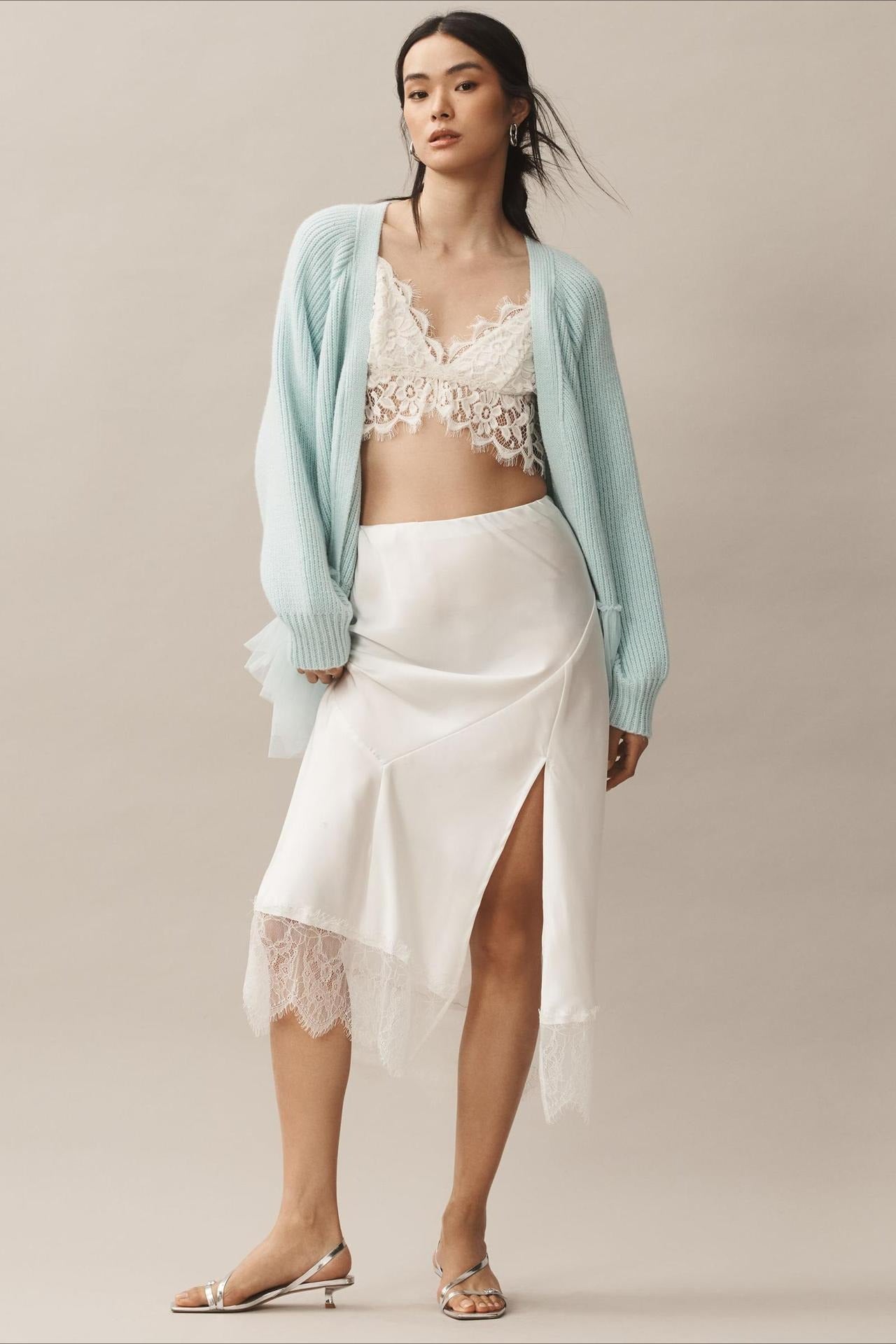 Ruffled Tulle Knit Long-Sleeve Cardigan