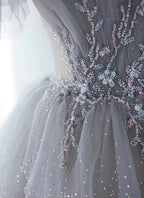 A-Line Princess Beaded Layers Glitter Tulle Long Formal Dress Off Shoulder Prom Dress