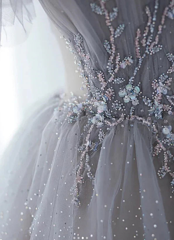 A-Line Princess Beaded Layers Glitter Tulle Long Formal Dress Off Shoulder Prom Dress