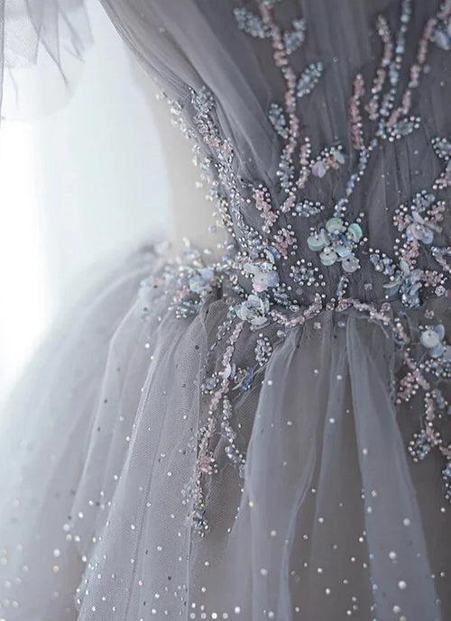 A-Line Princess Beaded Layers Glitter Tulle Long Formal Dress Off Shoulder Prom Dress