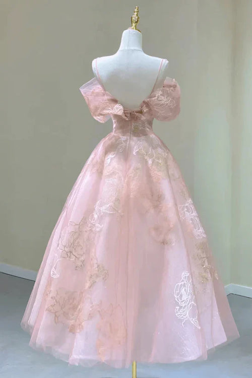 A-Line Princess Lovely Tea Length Straps Tulle Formal Dress Prom Dress