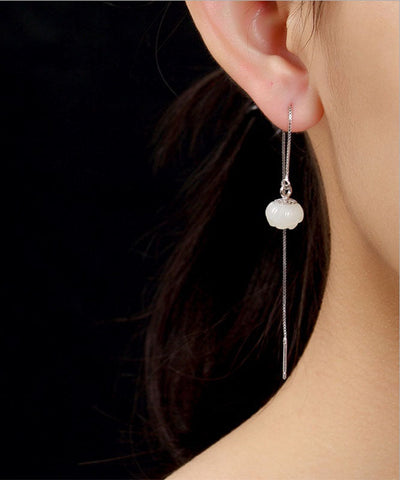 Pendientes colgantes de loto de jade con incrustaciones de plata de ley blanca de moda 