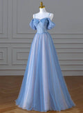 A-Linien-Prinzessinnenkleid aus glitzerndem, blauem und rosafarbenem, perlenbesetztem Tüll, langes Partykleid/Abendkleid