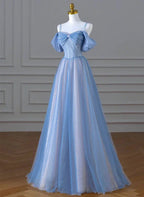 A-Linien-Prinzessinnenkleid aus glitzerndem, blauem und rosafarbenem, perlenbesetztem Tüll, langes Partykleid/Abendkleid