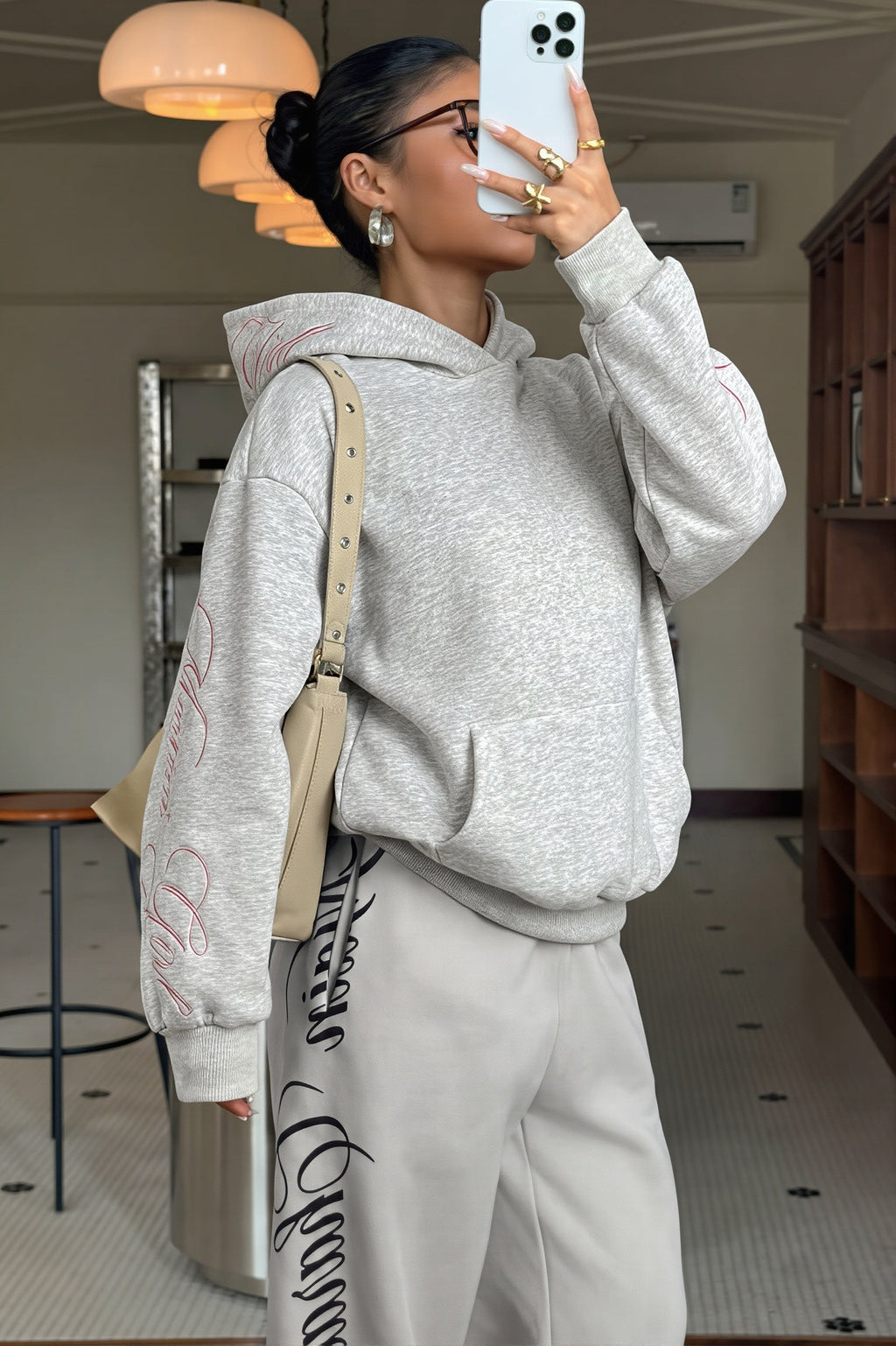 Pink Script Embroidered Pullover Hoodie
