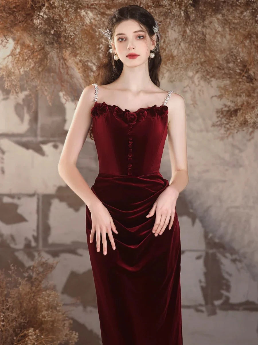 Sencillo Vestido de Noche Largo de Terciopelo Tipo Sirena Color Borgoña Vestido Largo Formal