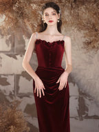 Sencillo Vestido de Noche Largo de Terciopelo Tipo Sirena Color Borgoña Vestido Largo Formal