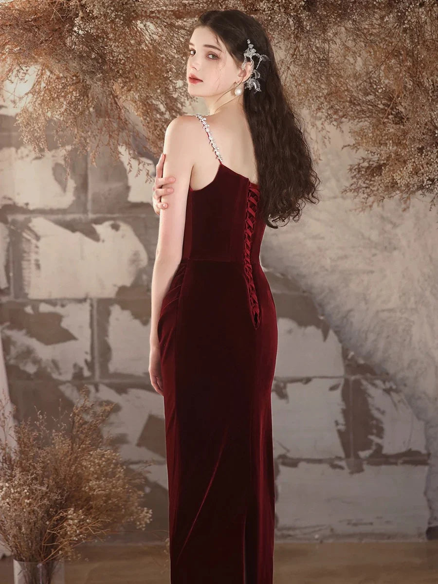 Sencillo Vestido de Noche Largo de Terciopelo Tipo Sirena Color Borgoña Vestido Largo Formal