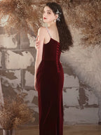 Sencillo Vestido de Noche Largo de Terciopelo Tipo Sirena Color Borgoña Vestido Largo Formal