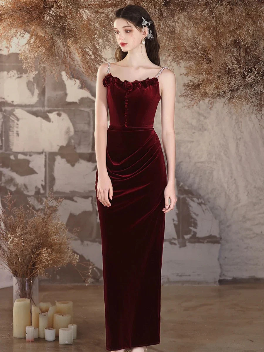 Sencillo Vestido de Noche Largo de Terciopelo Tipo Sirena Color Borgoña Vestido Largo Formal