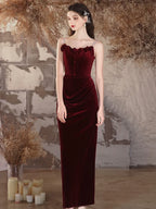 Sencillo Vestido de Noche Largo de Terciopelo Tipo Sirena Color Borgoña Vestido Largo Formal