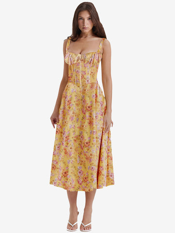 Summer Midi Dress Golden One-Shoulder Lace Up Beach Dress