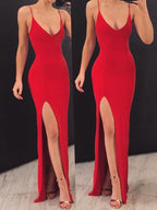 Vestidos de fiesta largos de satén elástico con tirantes finos y escote en V