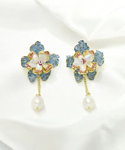 Boho Yellow Copper Pearl Crystal Floral Tassel Drop Earrings