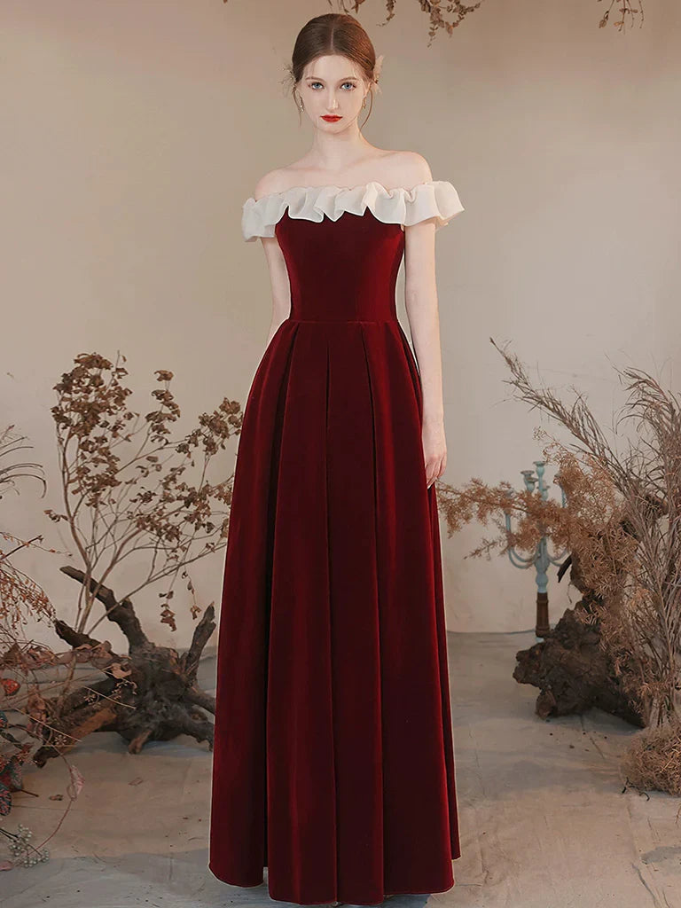 A-Linien schulterfreies Samt-Abendkleid Burgund Abendkleid