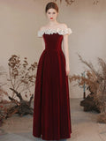 A-Linien schulterfreies Samt-Abendkleid Burgund Abendkleid