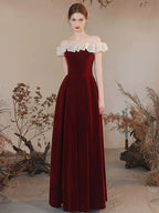 A-Linien schulterfreies Samt-Abendkleid Burgund Abendkleid