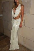 Glossy Cowl Neck Metal Ornament Halter Backless Fitted Maxi Dress