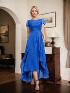 A-Linien-Kleid mit asymmetrischem Chiffon-Spitzenausschnitt, Schleife, Rüschen und Pailletten für die Mutter der Braut 