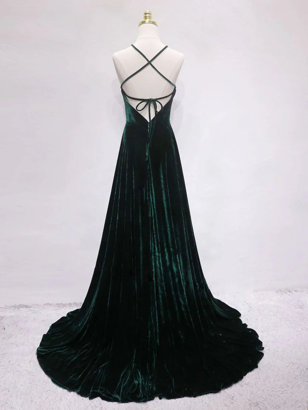 A-Line Backless Velvet Long Prom Dresses Green Formal Evening Dresses