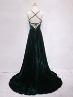 A-Line Backless Velvet Long Prom Dresses Green Formal Evening Dresses