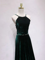 A-Line Backless Velvet Long Prom Dresses Green Formal Evening Dresses