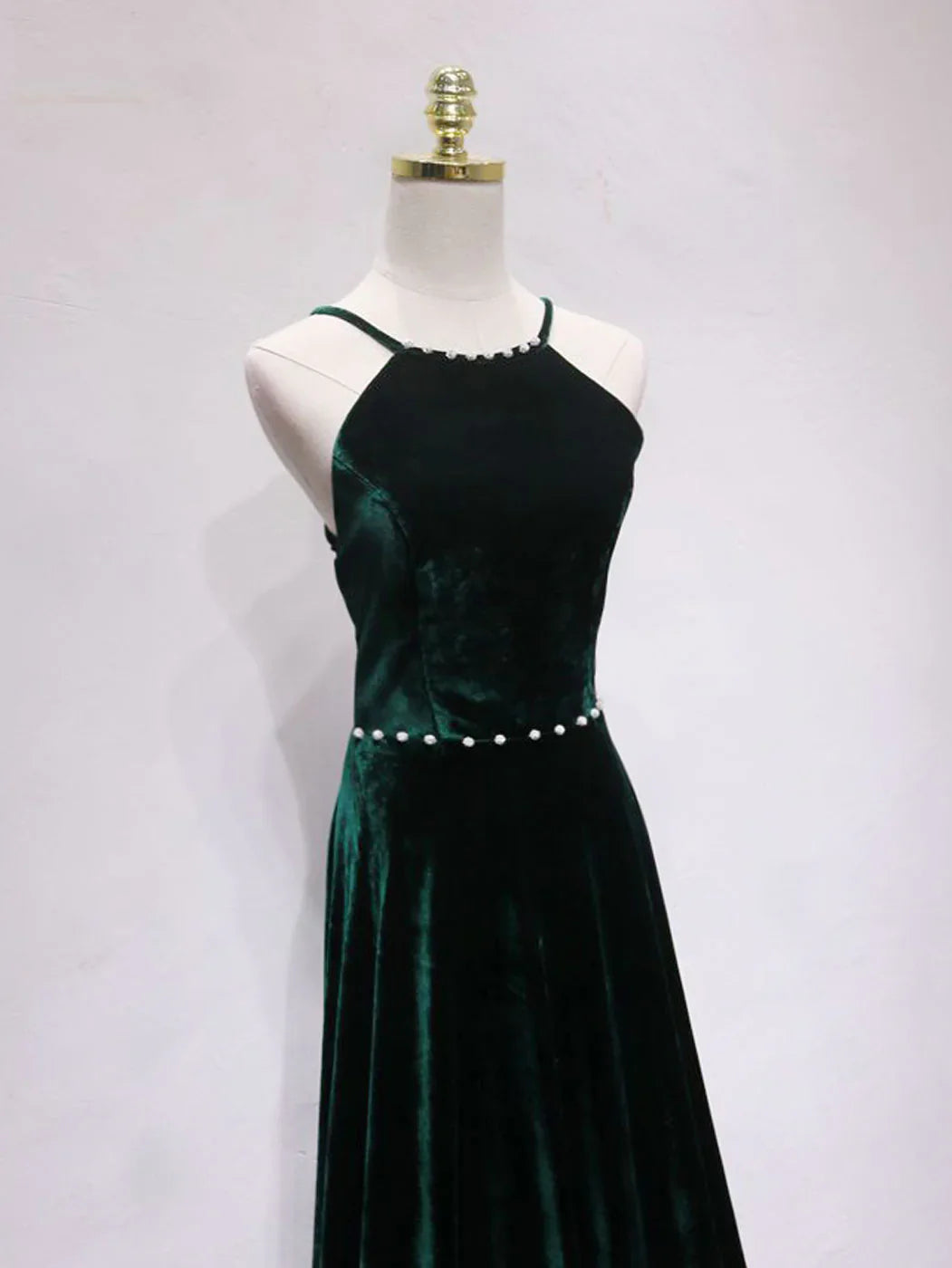 A-Line Backless Velvet Long Prom Dresses Green Formal Evening Dresses