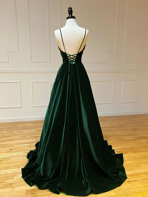 A-Line V Neck Velvet Long Prom Dresses Green Velvet Formal Dress
