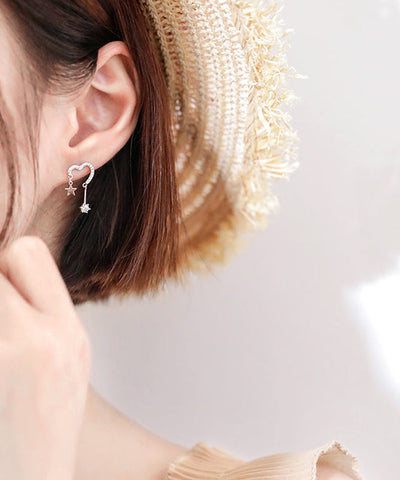 Brief Silk Sterling Silver Zircon Love Star Tassel Stud Earrings