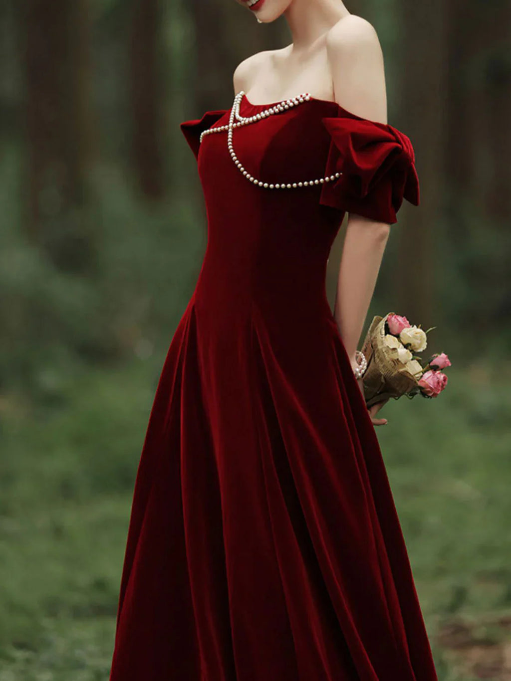 Vestido de Noche Formal Borgoña de Terciopelo Línea A Largo para Promoción