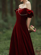 Vestido de Noche Formal Borgoña de Terciopelo Línea A Largo para Promoción