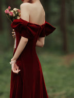 Vestido de Noche Formal Borgoña de Terciopelo Línea A Largo para Promoción