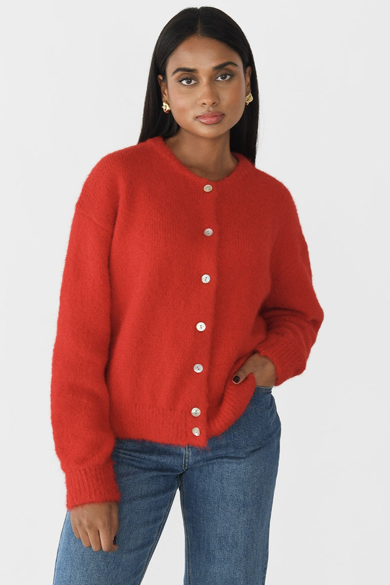 Soft Gray Vintage Shell-Button Knit Cardigan