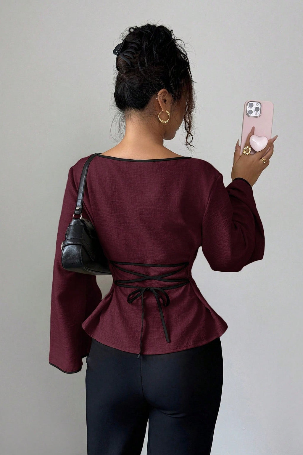Solid Flare Sleeve Ruched Waist Blouse