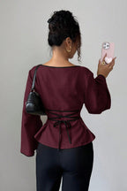Solid Flare Sleeve Ruched Waist Blouse