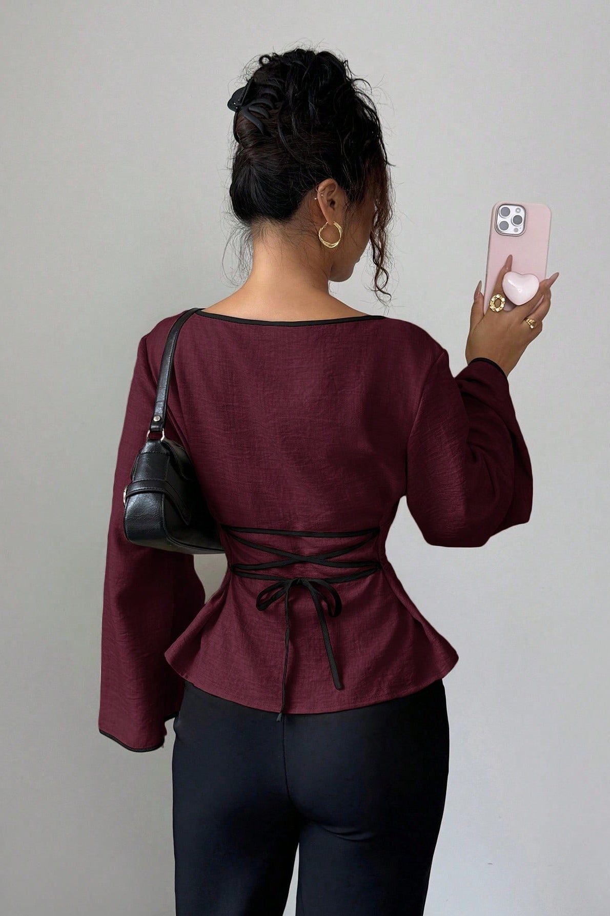 Solid Flare Sleeve Ruched Waist Blouse