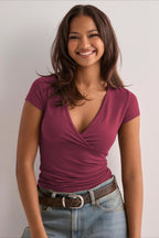 Deep V Neck Solid Slim Waist T-shirt