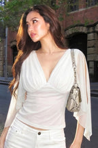 Mesh Patchwork V-Neck Long Sleeve Blouse