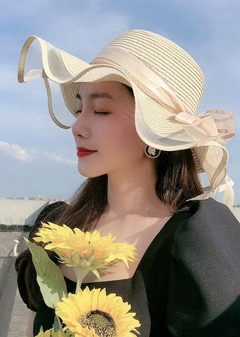 Sombrero para el sol flexible tejido de paja con lazo de tul beige elegante 