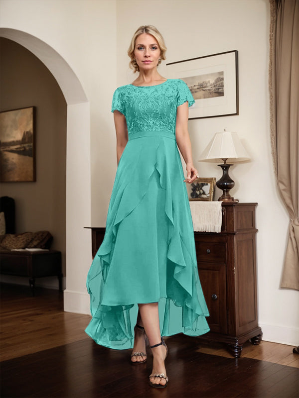 Vestido de madre de la novia de gasa asimétrica con escote en A, ilusión, encaje, lazo, volantes y lentejuelas 