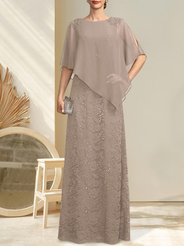 Vestido de madre de la novia de gasa con encaje, escote redondo y largo hasta el suelo, con lentejuelas y abalorios
