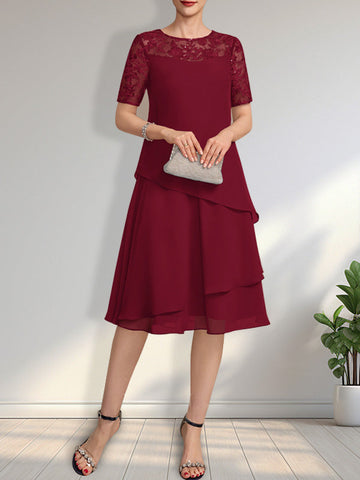 A-Linien-Kleid mit Rundhalsausschnitt, Illusion-Effekt, knielang, aus Spitze und Chiffon mit Pailletten für die Mutter der Braut