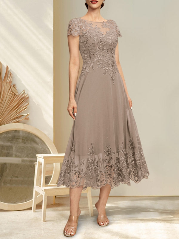 A-Linien-Kleid mit Illusion-Ausschnitt, Rundhalsausschnitt, Teelänge, Spitze und Chiffon, mit Pailletten, für die Mutter der Braut