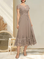 A-Linien-Kleid mit Illusion-Ausschnitt, Rundhalsausschnitt, Teelänge, Spitze und Chiffon, mit Pailletten, für die Mutter der Braut