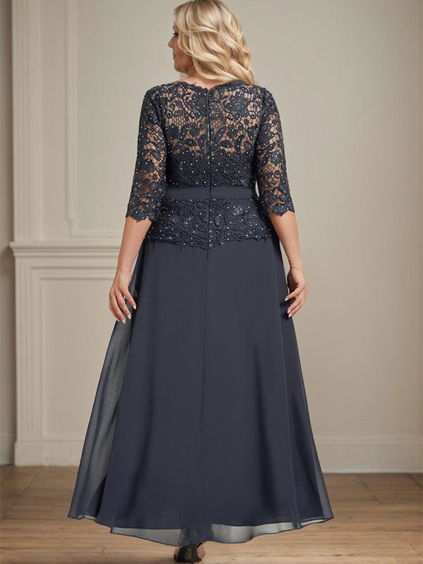 A-Linien-Kleid mit U-Boot-Ausschnitt, Illusion-Detail, knöchellang, aus Chiffon und Spitze mit Strassperlen für die Mutter der Braut. 